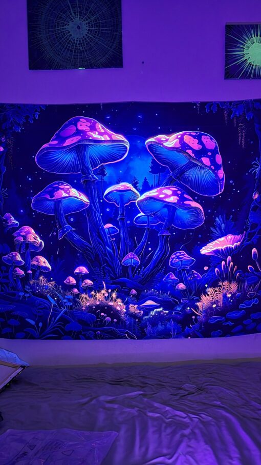 GlowArtAz – 003 Moon Shrooms Tapestry UV Reactive Wall Hanging for Room Decor W59.1×H51.2 - Image 3