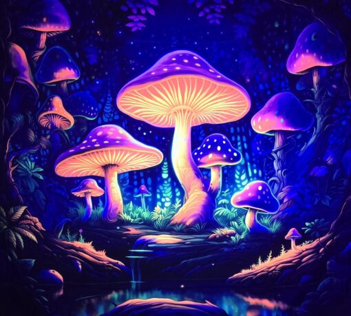 GlowArtAz – 013 Neon Shroom Illumination Tapestry UV Reactive Wall Hanging for Room Decor W59.1×H51.2