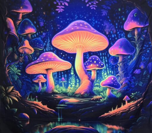 GlowArtAz – 013 Neon Shroom Illumination Tapestry UV Reactive Wall Hanging for Room Decor W59.1×H51.2 - Image 4