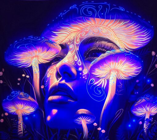 GlowArtAz – 012 Mystic Mushroom Maiden Tapestry UV Reactive Wall Hanging for Room Decor W59.1×H51.2