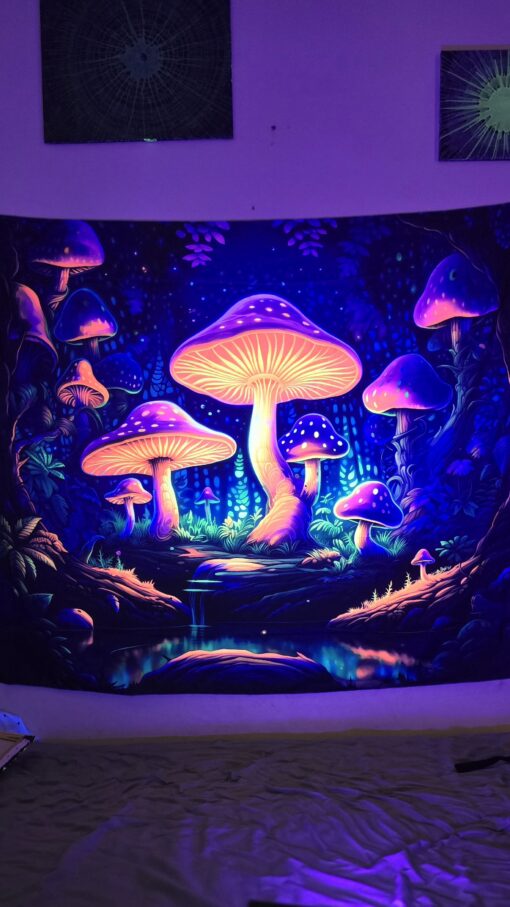 GlowArtAz – 013 Neon Shroom Illumination Tapestry UV Reactive Wall Hanging for Room Decor W59.1×H51.2 - Image 2