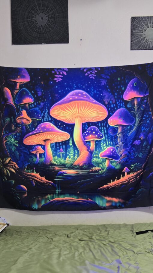 GlowArtAz – 013 Neon Shroom Illumination Tapestry UV Reactive Wall Hanging for Room Decor W59.1×H51.2 - Image 3