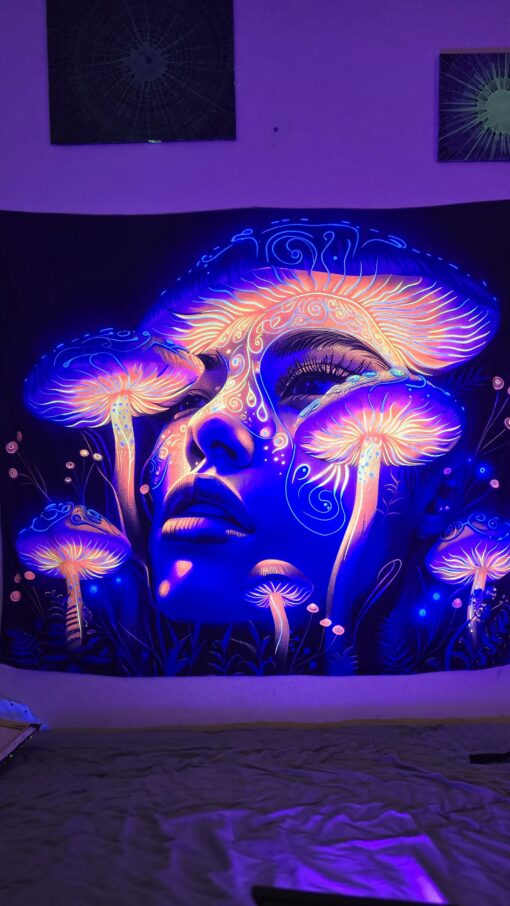 GlowArtAz – 012 Mystic Mushroom Maiden Tapestry UV Reactive Wall Hanging for Room Decor W59.1×H51.2 - Image 2