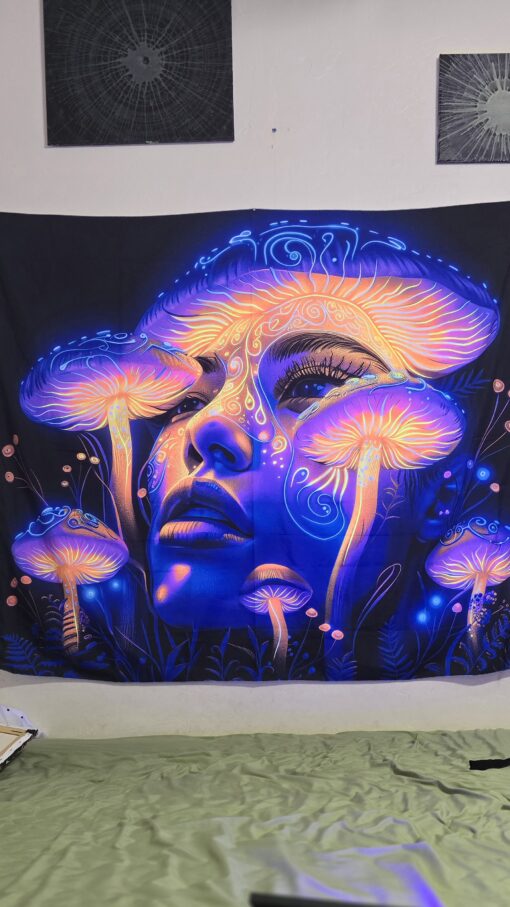 GlowArtAz – 012 Mystic Mushroom Maiden Tapestry UV Reactive Wall Hanging for Room Decor W59.1×H51.2 - Image 3