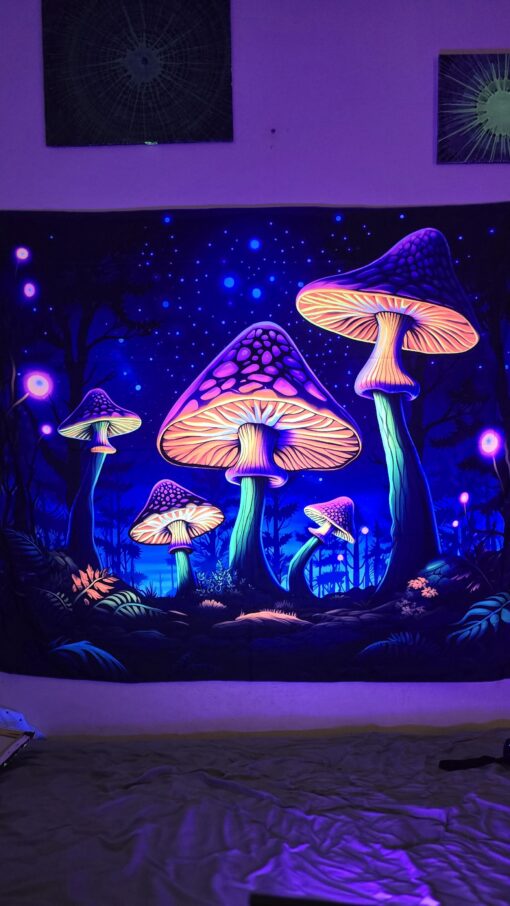 GlowArtAz – 011 Glowing Fungi Fantasy Tapestry UV Reactive Wall Hanging for Room Decor W59.1×H51.2 - Image 2