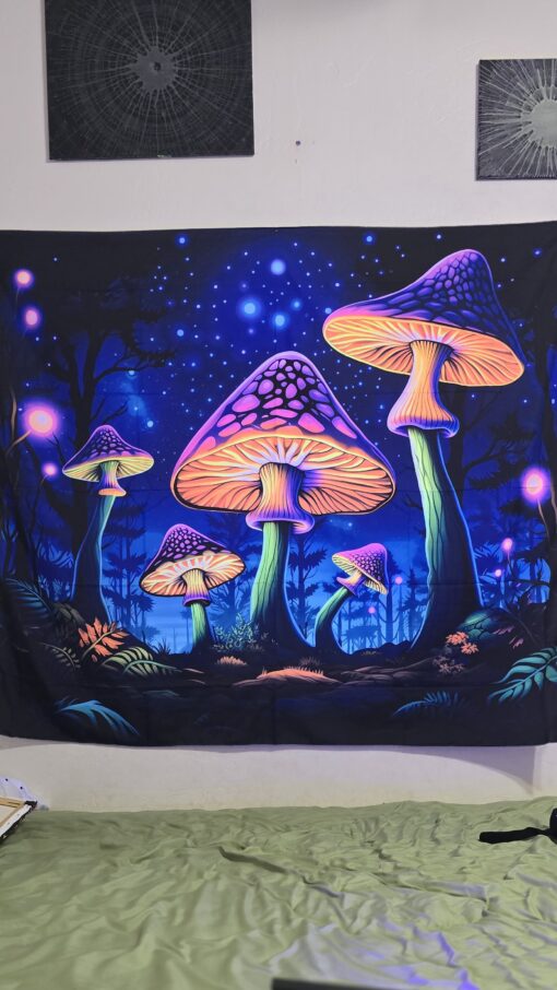 GlowArtAz – 011 Glowing Fungi Fantasy Tapestry UV Reactive Wall Hanging for Room Decor W59.1×H51.2 - Image 3