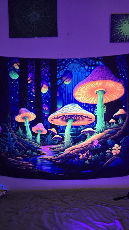 GlowArtAz – 010 Luminous Mushroom Forest Tapestry UV Reactive Wall Hanging for Room Decor W59.1×H51.2 - Image 2