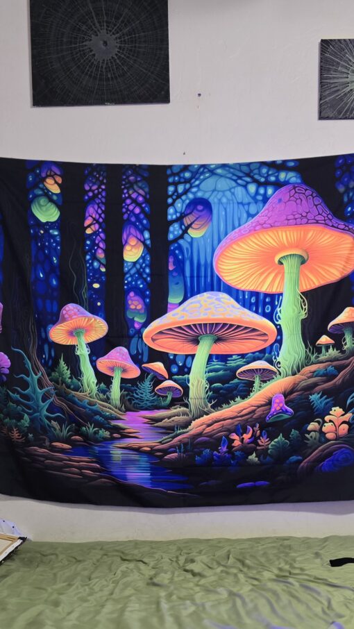 GlowArtAz – 010 Luminous Mushroom Forest Tapestry UV Reactive Wall Hanging for Room Decor W59.1×H51.2 - Image 3