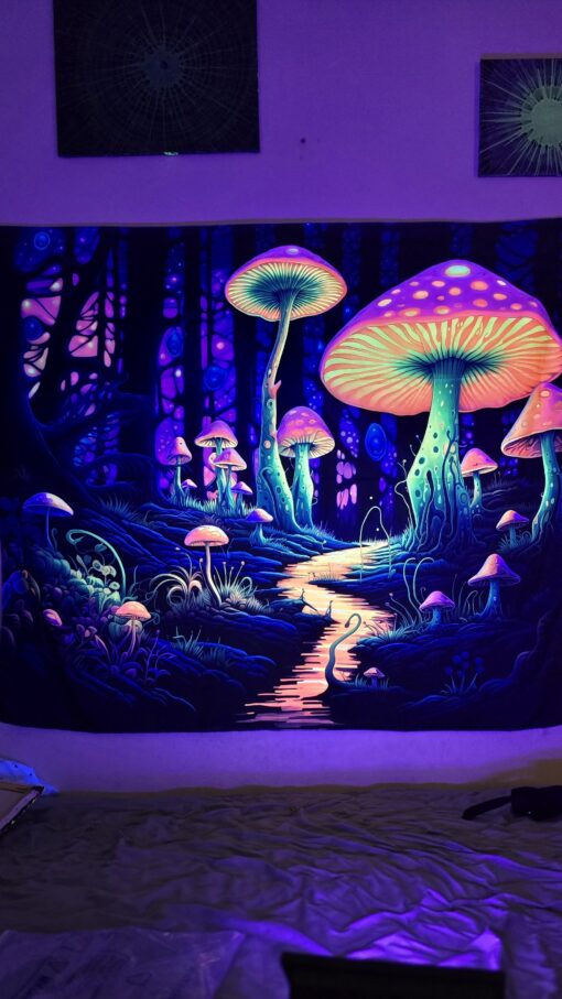 GlowArtAz – 008 Mushroom Glow Path Tapestry UV Reactive Wall Hanging for Room Decor W59.1×H51.2 - Image 3