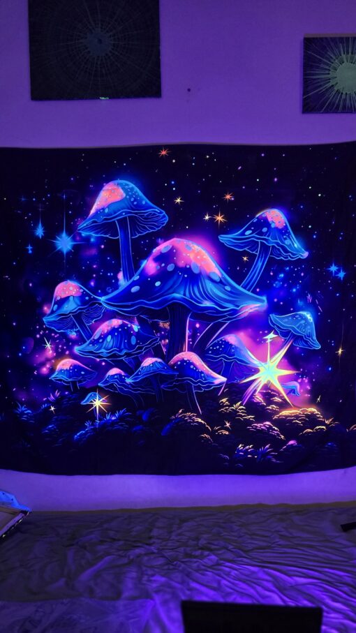 GlowArtAz – 007 Cool Blue Shrooms With Stars Tapestry UV Reactive Wall Hanging for Room Decor W59.1×H51.2 - Image 3