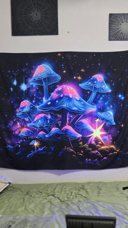 GlowArtAz – 007 Cool Blue Shrooms With Stars Tapestry UV Reactive Wall Hanging for Room Decor W59.1×H51.2 - Image 4