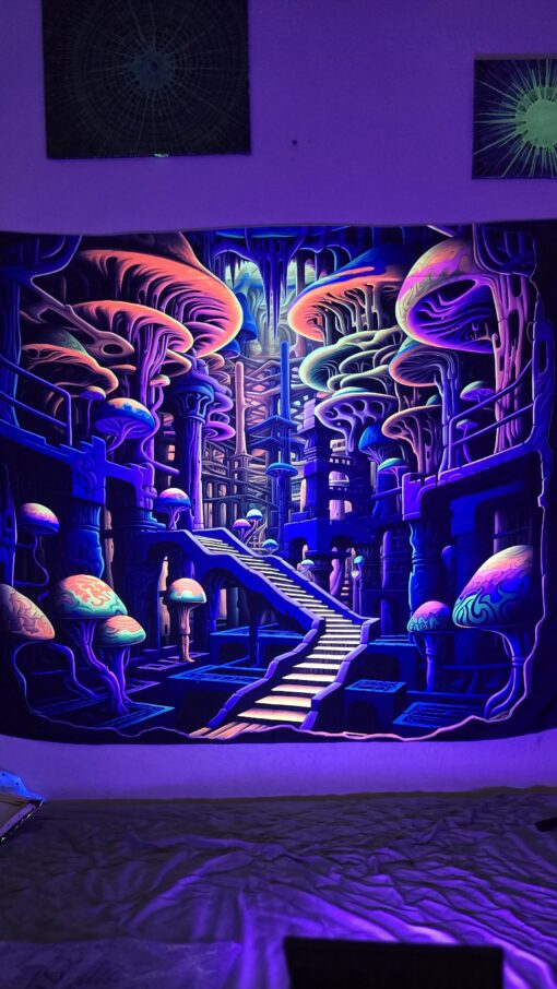 GlowArtAz – 006 MC Escher City Shrooms Tapestry Vol 02 UV Reactive Wall Hanging for Room Decor W59.1×H51.2 - Image 3