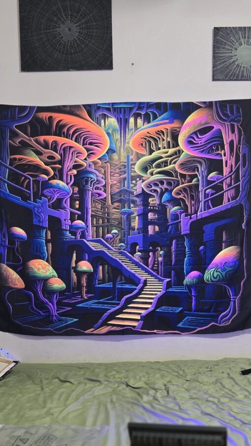 GlowArtAz – 006 MC Escher City Shrooms Tapestry Vol 02 UV Reactive Wall Hanging for Room Decor W59.1×H51.2 - Image 4