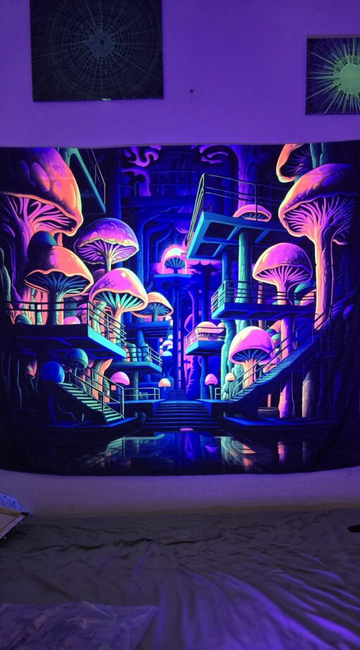 GlowArtAz – 005 MC Escher City Shrooms Tapestry Vol 01 UV Reactive Wall Hanging for Room Decor W59.1×H51.2 - Image 3