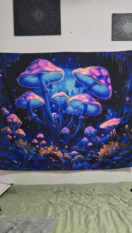 GlowArtAz – 003 Moon Shrooms Tapestry UV Reactive Wall Hanging for Room Decor W59.1×H51.2 - Image 4