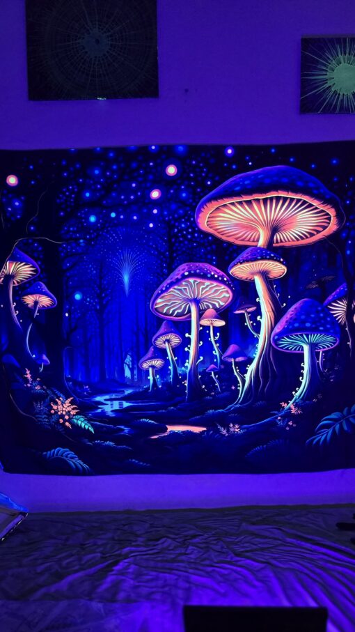 GlowArtAz – 002 Mushroom Forest With Stars Tapestry UV Reactive Wall Hanging for Room Decor W59.1×H51.2 - Image 3