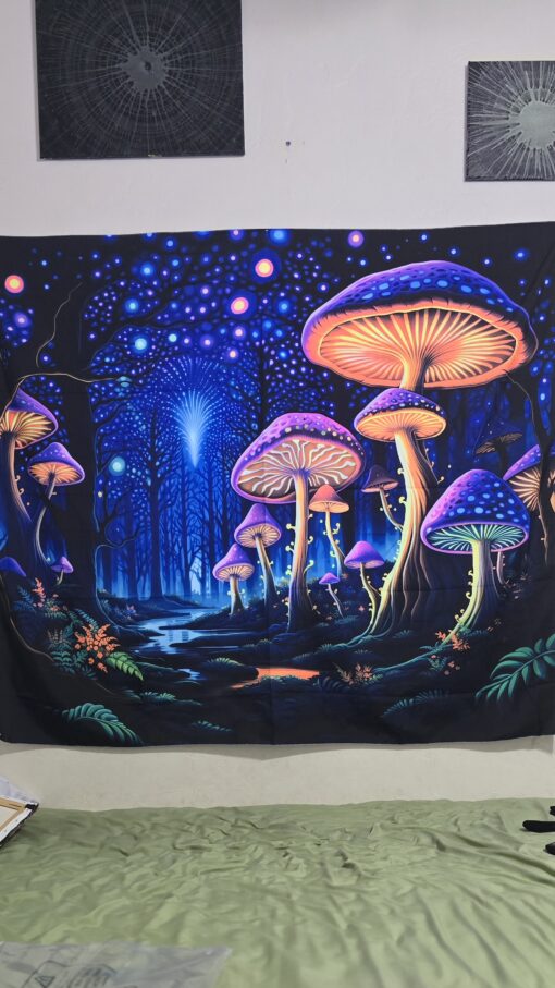 GlowArtAz – 002 Mushroom Forest With Stars Tapestry UV Reactive Wall Hanging for Room Decor W59.1×H51.2 - Image 4