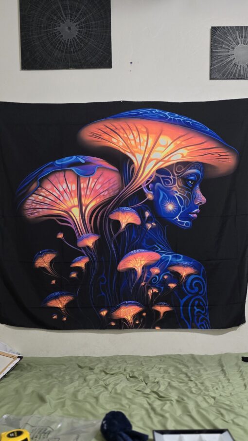 GlowArtAz - 001 Woman In The Shroom Tapestry UV Reactive Wall Hanging for Room Decor W59.1×H51.2 - Image 4