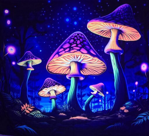 GlowArtAz – 011 Glowing Fungi Fantasy Tapestry UV Reactive Wall Hanging for Room Decor W59.1×H51.2