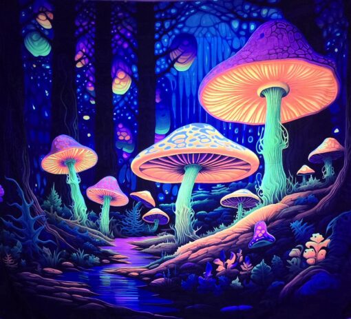 GlowArtAz – 010 Luminous Mushroom Forest Tapestry UV Reactive Wall Hanging for Room Decor W59.1×H51.2