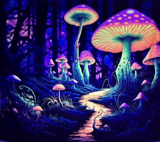 GlowArtAz – 008 Mushroom Glow Path Tapestry UV Reactive Wall Hanging for Room Decor W59.1×H51.2