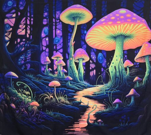 GlowArtAz – 008 Mushroom Glow Path Tapestry UV Reactive Wall Hanging for Room Decor W59.1×H51.2 - Image 2