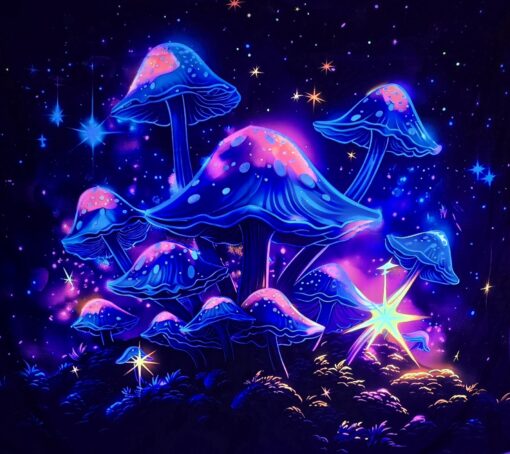 GlowArtAz – 007 Cool Blue Shrooms With Stars Tapestry UV Reactive Wall Hanging for Room Decor W59.1×H51.2