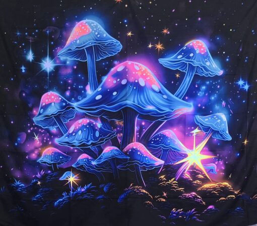 GlowArtAz – 007 Cool Blue Shrooms With Stars Tapestry UV Reactive Wall Hanging for Room Decor W59.1×H51.2 - Image 2