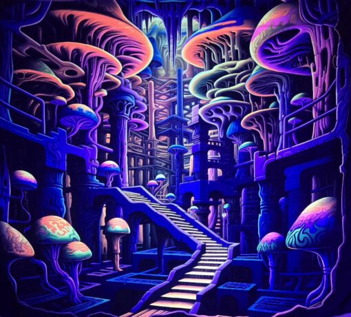 GlowArtAz – 006 MC Escher City Shrooms Tapestry Vol 02 UV Reactive Wall Hanging for Room Decor W59.1×H51.2