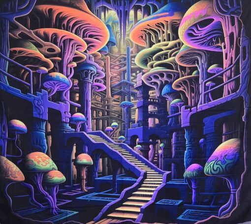 GlowArtAz – 006 MC Escher City Shrooms Tapestry Vol 02 UV Reactive Wall Hanging for Room Decor W59.1×H51.2 - Image 2