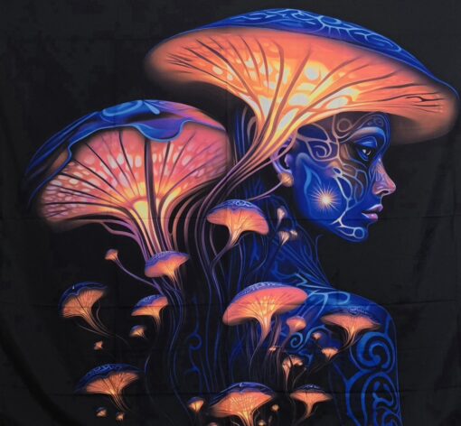 GlowArtAz - 001 Woman In The Shroom Tapestry UV Reactive Wall Hanging for Room Decor W59.1×H51.2 - Image 2