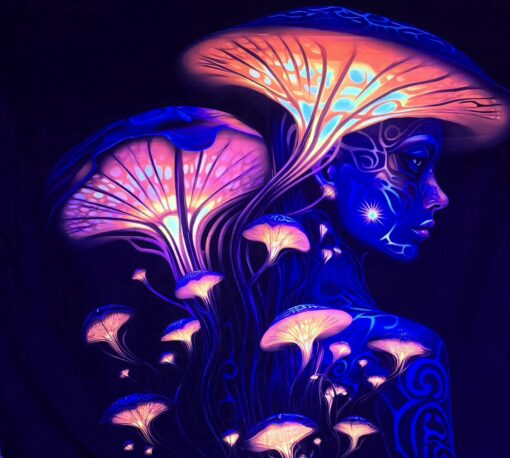 GlowArtAz - 001 Woman In The Shroom Tapestry UV Reactive Wall Hanging for Room Decor W59.1×H51.2