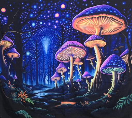 GlowArtAz – 002 Mushroom Forest With Stars Tapestry UV Reactive Wall Hanging for Room Decor W59.1×H51.2 - Image 2