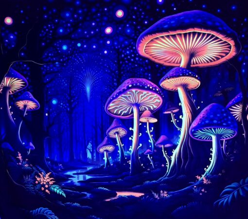 GlowArtAz – 002 Mushroom Forest With Stars Tapestry UV Reactive Wall Hanging for Room Decor W59.1×H51.2