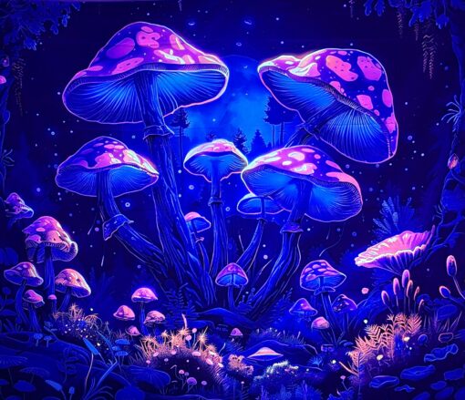 GlowArtAz – 003 Moon Shrooms Tapestry UV Reactive Wall Hanging for Room Decor W59.1×H51.2