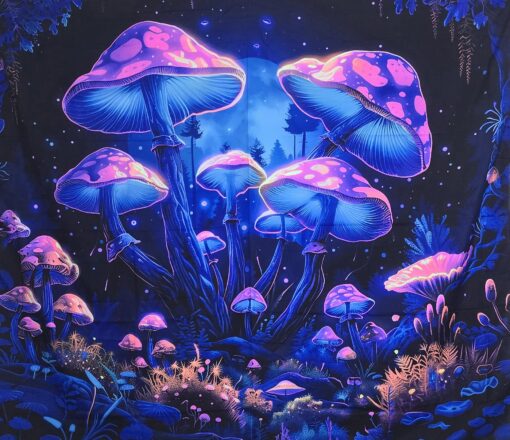 GlowArtAz – 003 Moon Shrooms Tapestry UV Reactive Wall Hanging for Room Decor W59.1×H51.2 - Image 2