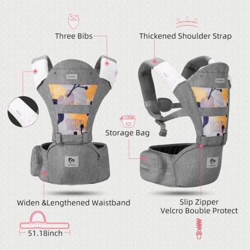 Baby Carrier, Bellababy Multifunction Baby Carrier Hip Seat (Ergonomic M Position) for 3-36 Month Baby, 6-in-1 Ways to Carry, All Seasons, Adjustable Size, Perfect for Shopping Travelling (Grey) - Image 2