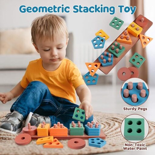 6 in 1 Montessori Baby Toys for 1 + Year Old, Infant Sensory Teething Toys for Babies 6-12 Months, Wooden Stacking Building Blocks Shape Sorter, Xylophone Musical Toy, Birthday Gift for Toddlers 1 2 3 - Image 5