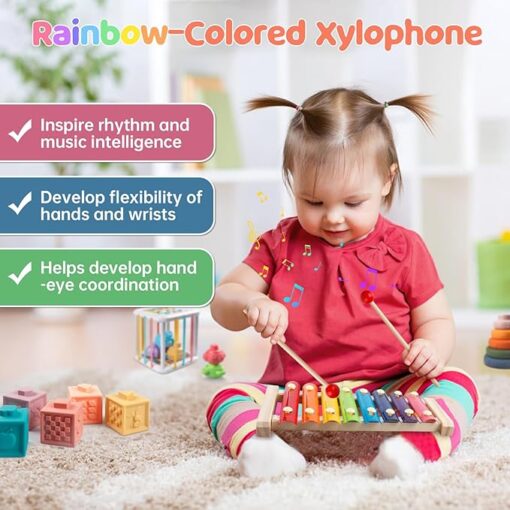 6 in 1 Montessori Baby Toys for 1 + Year Old, Infant Sensory Teething Toys for Babies 6-12 Months, Wooden Stacking Building Blocks Shape Sorter, Xylophone Musical Toy, Birthday Gift for Toddlers 1 2 3 - Image 4