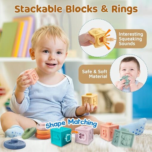 6 in 1 Montessori Baby Toys for 1 + Year Old, Infant Sensory Teething Toys for Babies 6-12 Months, Wooden Stacking Building Blocks Shape Sorter, Xylophone Musical Toy, Birthday Gift for Toddlers 1 2 3 - Image 3