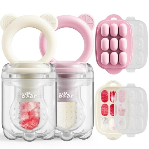 Bear Baby Fruit Food Feeder & Mini Freezer Nibble Tray Combo, 2 Pack Breastmilk Popsicle Molds for Baby Teething Relief, BPA Free Silicone Feeder for Safe Infant Self Feeding, Dishwasher Safe