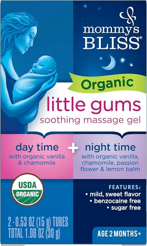 Mommy's Bliss Organic Little Gums Soothing Massage Gel Day and Night Combo, Great for Teething Babies, Age 2 Months+, Sugar Free, Mild & Sweet Flavor, 2 - 0.53 Oz Tubes (Pack of 1)