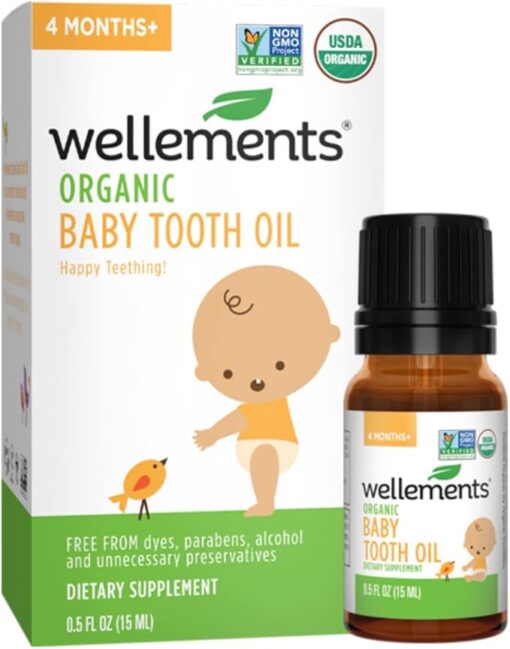 Wellements Organic Baby Tooth Oil | Soothing Massage Oil for Tiny Gums, Helps Make Teething Happy, Made with Safe and Effective Certified Organic Ingredients | 0.5 Fl Oz. 4 Months +